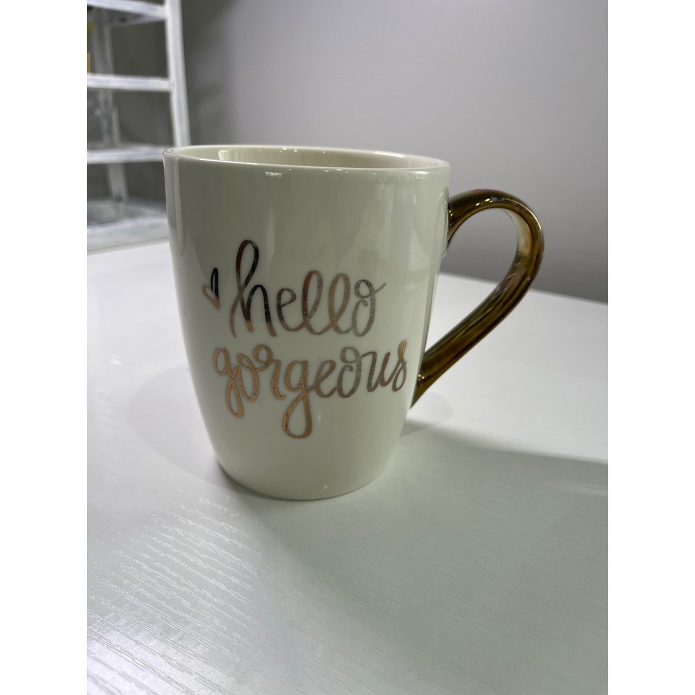 Sweet Water Decor Hello Gorgeous Coffee Mug‎ Gold Handle Cream Ceramic 16oz